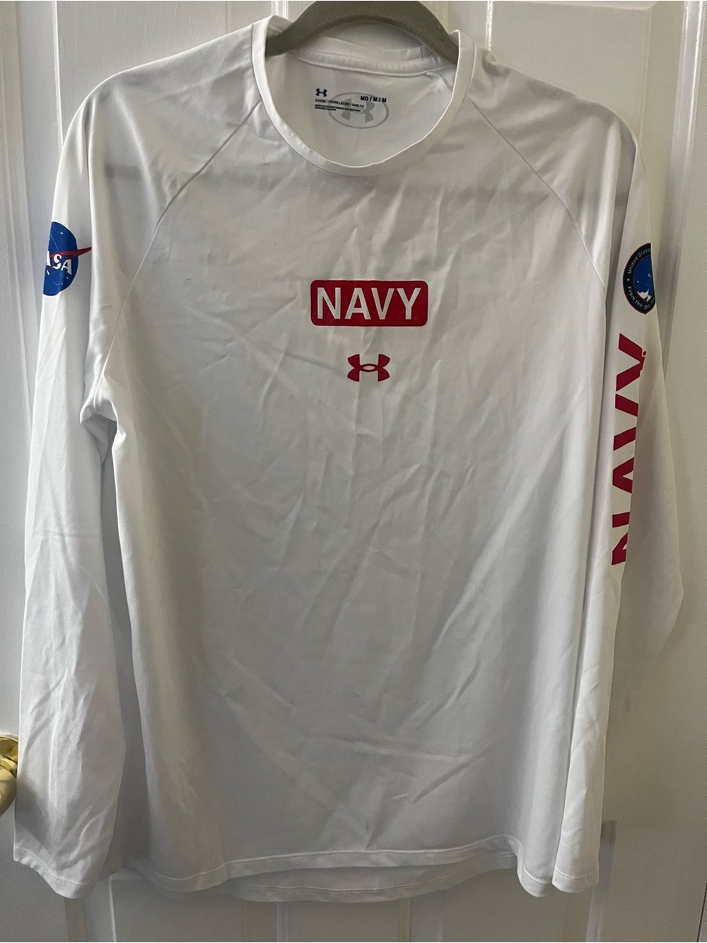 Under Armour Men’s White Navy NASA Long-Sleeve Performance Shirt Medium